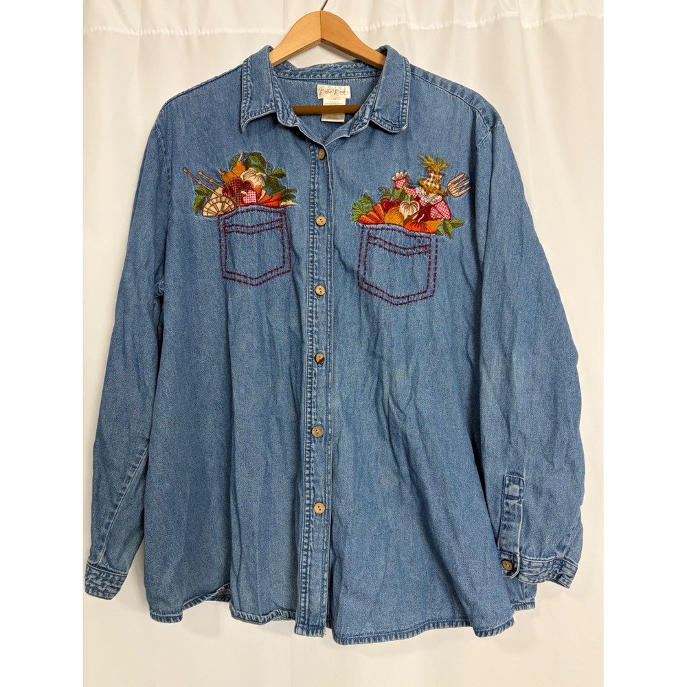 Vintage Woman Denim Shirt Embroidered Fall Scarecrow Harvest Blue 26/28W Teacher
